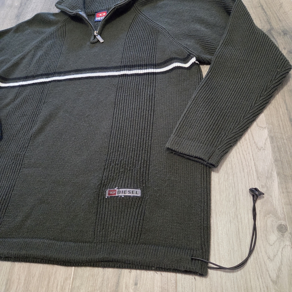 Vintage Diesel Men’s Dark Olive Half Zip Wool Sweater Ribbed Knit Pullover - Picture 3 of 8